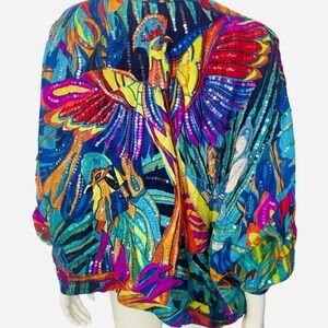 Judith Ann Creations 80's Jewel-Tone Sequin Beaded Tropical Silk Bomber Jacket S